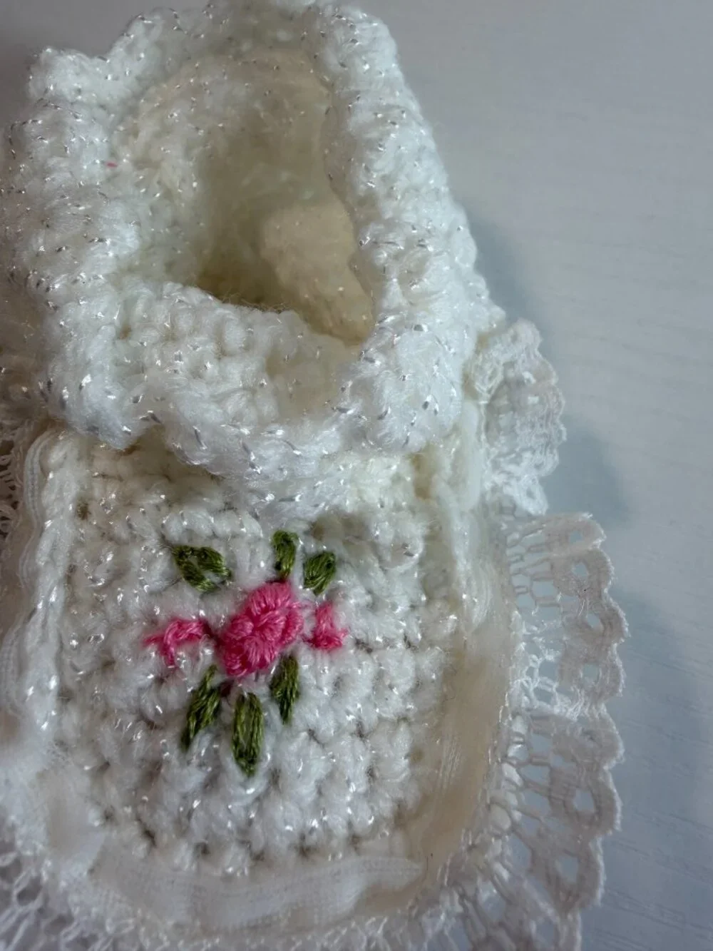 Vintage crochet baby booties, white with hand stitched pink flowers, homemade